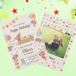 かわいい子犬たちダックシュント誕生日ポーティ 招待状