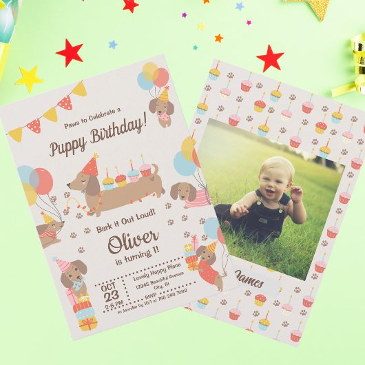 かわいい子犬たちダックシュント誕生日ポーティ 招待状