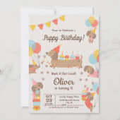 かわいい子犬たちダックシュント誕生日ポーティ 招待状 (正面)