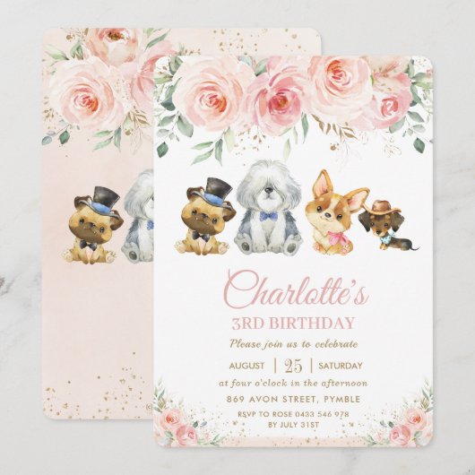 かわいい子犬たち赤面ピンクフローラガール誕生日 招待状 (正面/裏面)