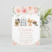 かわいい子犬たち赤面ピンクフローラガール誕生日 招待状 (スタンド正面)
