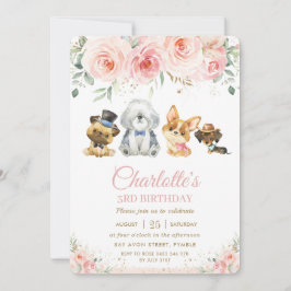 かわいい子犬たち赤面ピンクフローラガール誕生日 招待状