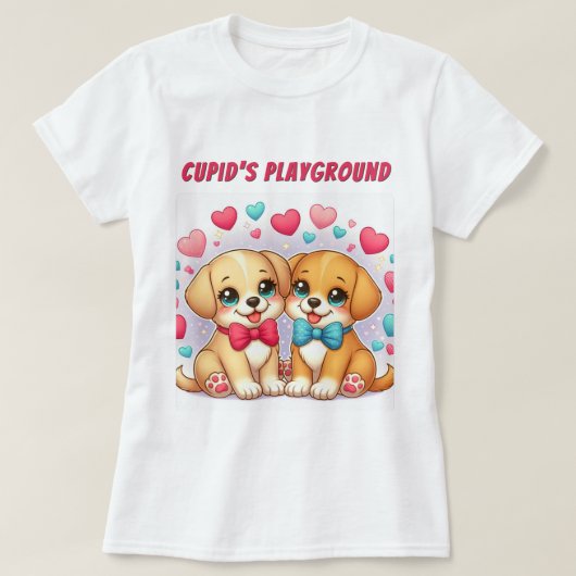 かわいい子犬たち：キューピッドの遊び場：バレンタイン Tシャツ (デザイン正面)
