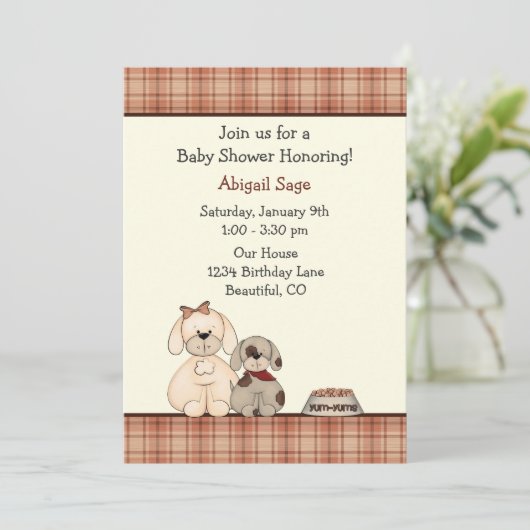 かわいい子犬とお母さん男の子の赤ちゃんシャワー 招待状 (スタンド正面)