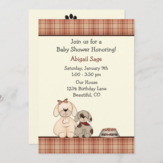 かわいい子犬とお母さん男の子の赤ちゃんシャワー 招待状 (正面/裏面)