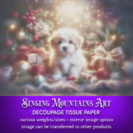 かわいい子犬とクリスマスツリーの休日のデコパージュ 薄葉紙