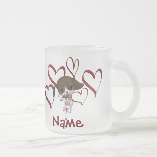 かわいい子犬とハートの名前 フロストグラスマグカップ (右)