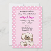 かわいい子犬とハートをピンクの女の子の赤ちゃんシャワー 招待状 (正面)
