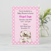 かわいい子犬とハートをピンクの女の子の赤ちゃんシャワー 招待状 (スタンド正面)