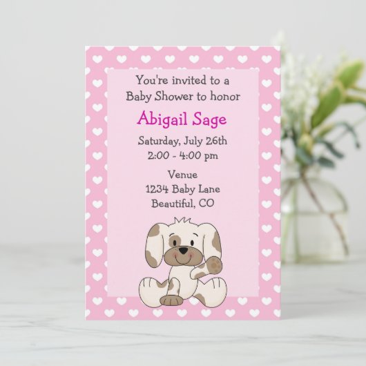 かわいい子犬とハートをピンクの女の子の赤ちゃんシャワー 招待状 (スタンド正面)