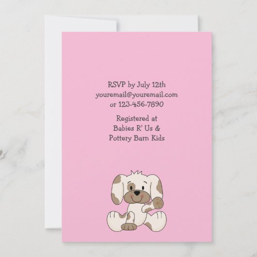 かわいい子犬とハートをピンクの女の子の赤ちゃんシャワー 招待状 (裏面)