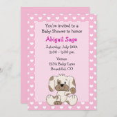 かわいい子犬とハートをピンクの女の子の赤ちゃんシャワー 招待状 (正面/裏面)