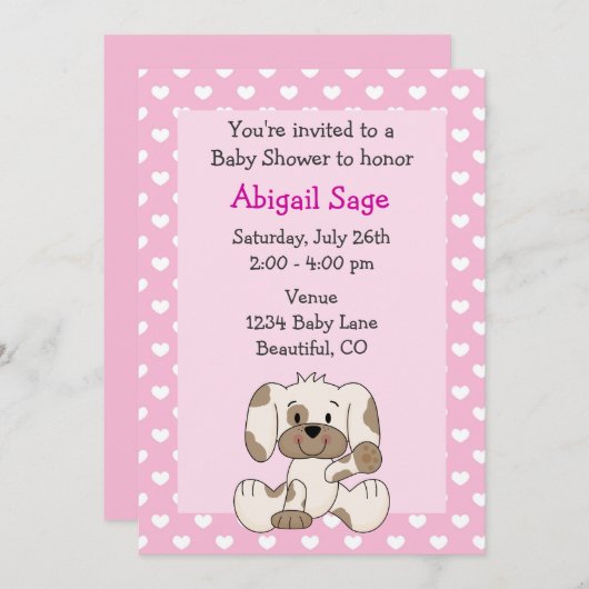 かわいい子犬とハートをピンクの女の子の赤ちゃんシャワー 招待状 (正面/裏面)