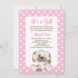 かわいい子犬とハートピンク赤ちゃんシャワー 招待状