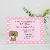 かわいい子犬とハート女の子ピンク1歳の誕生日 招待状 (スタンド正面)