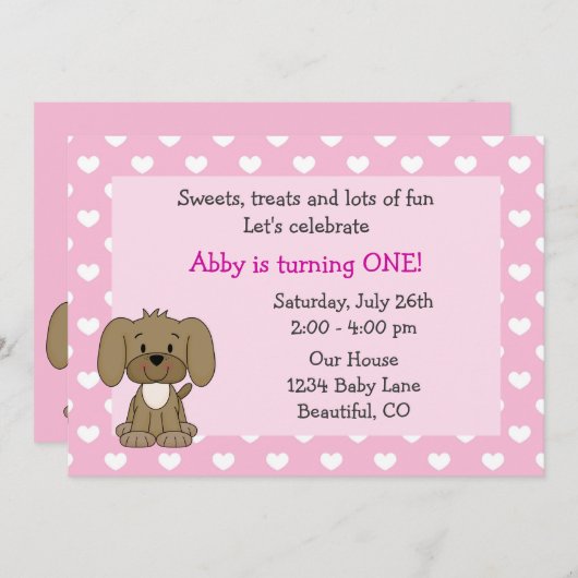 かわいい子犬とハート女の子ピンク1歳の誕生日 招待状 (正面/裏面)