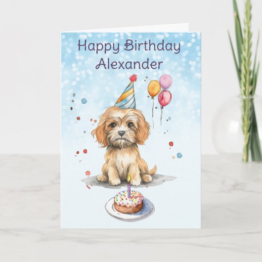 かわいい子犬とパーティーハット誕生日 カード (正面)