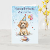 かわいい子犬とパーティーハット誕生日 カード (黄色い花)