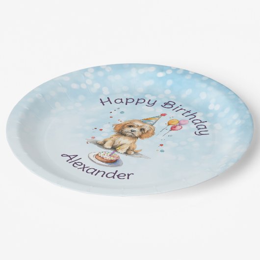 かわいい子犬とパーティーハット誕生日 ペーパープレート (アングル)