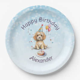 かわいい子犬とパーティーハット誕生日 ペーパープレート