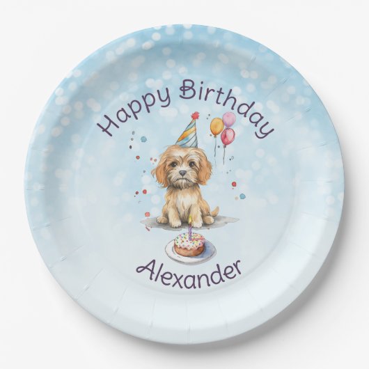 かわいい子犬とパーティーハット誕生日 ペーパープレート (正面)