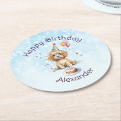 かわいい子犬とパーティーハット誕生日 ラウンドペーパーコースター (アングル)