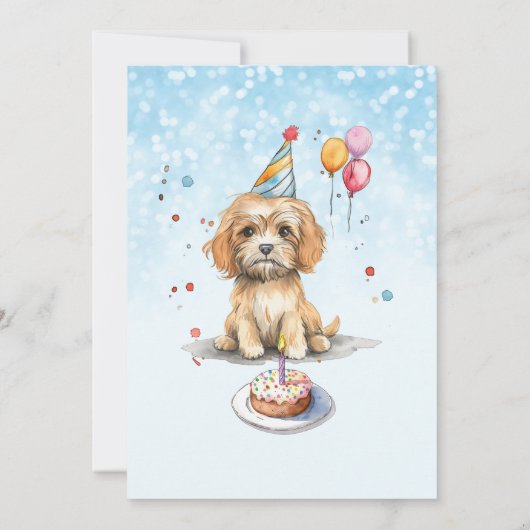 かわいい子犬とパーティーハット誕生日 招待状 (裏面)