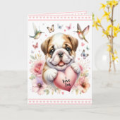 かわいい子犬とピンクのハート私はあなたを愛するバレンタイン カード (黄色い花)