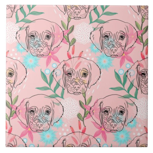 かわいい子犬とフラワーズピンクのクリエイティブアート タイル (正面)
