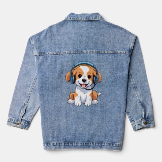 かわいい子犬とヘッドフォン デニムジャケット (裏面)