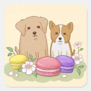 かわいい子犬とマカロンイラストレーションアート スクエアシール