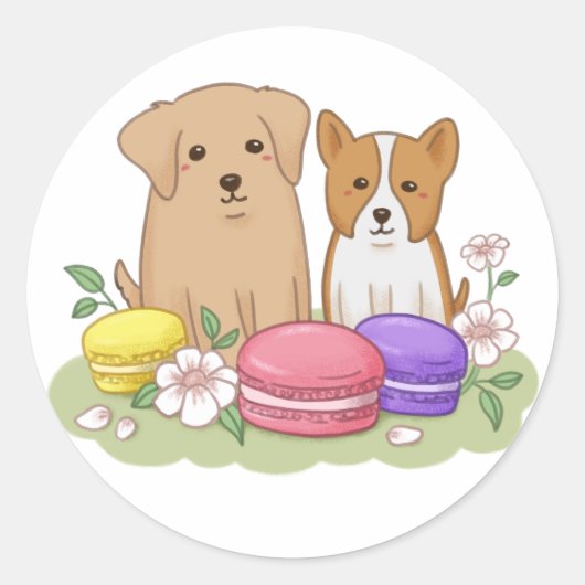 かわいい子犬とマカロンイラストレーション ラウンドシール (正面)