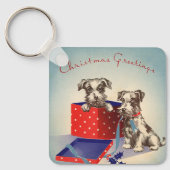 かわいい子犬とヴィンテージのクリスマスグリーティング キーホルダー (正面)