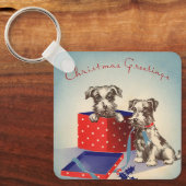 かわいい子犬とヴィンテージのクリスマスグリーティング キーホルダー (正面)