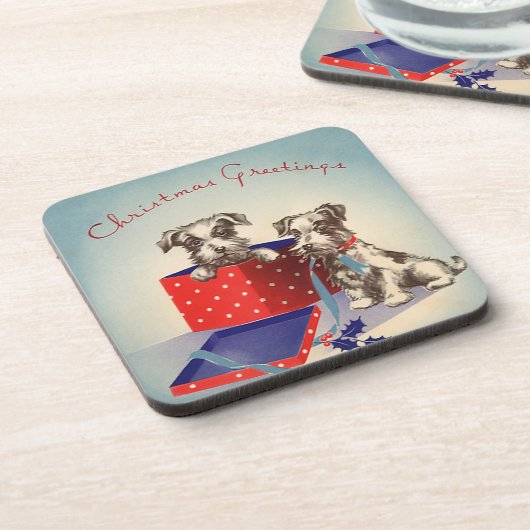 かわいい子犬とヴィンテージのクリスマスグリーティング コースター (左側)