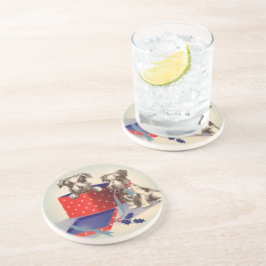 かわいい子犬とヴィンテージのクリスマスグリーティング コースター (側面)