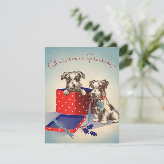 かわいい子犬とヴィンテージのクリスマスグリーティング シーズンカード (スタンド正面)