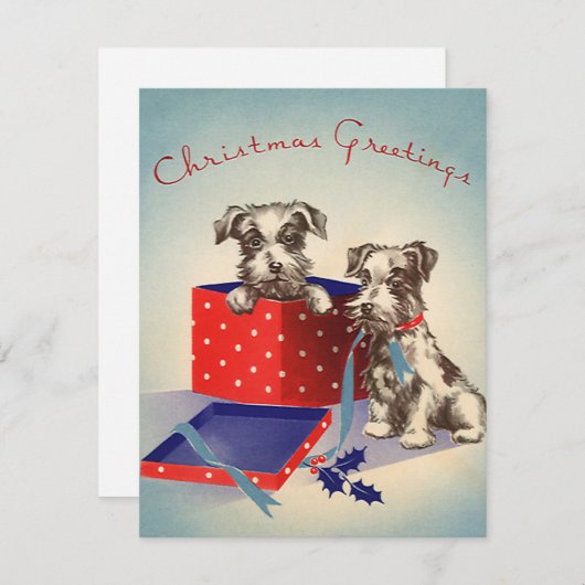 かわいい子犬とヴィンテージのクリスマスグリーティング シーズンカード (正面/裏面)