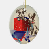 かわいい子犬とヴィンテージのクリスマスグリーティング セラミックオーナメント (右)