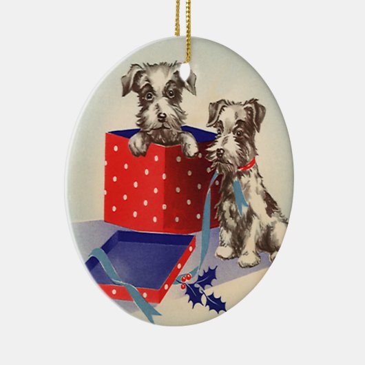 かわいい子犬とヴィンテージのクリスマスグリーティング セラミックオーナメント (右)