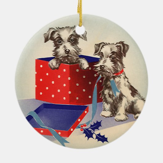かわいい子犬とヴィンテージのクリスマスグリーティング セラミックオーナメント (裏面)