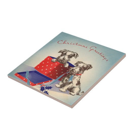 かわいい子犬とヴィンテージのクリスマスグリーティング タイル