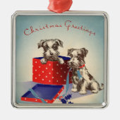 かわいい子犬とヴィンテージのクリスマスグリーティング メタルオーナメント (正面)