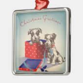 かわいい子犬とヴィンテージのクリスマスグリーティング メタルオーナメント (左)