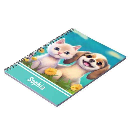 かわいい子犬と子パーソナライズされた猫の名前 ノートブック (左側)