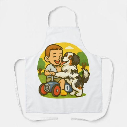 かわいい子犬と子供の遊び時間 エプロン (正面)