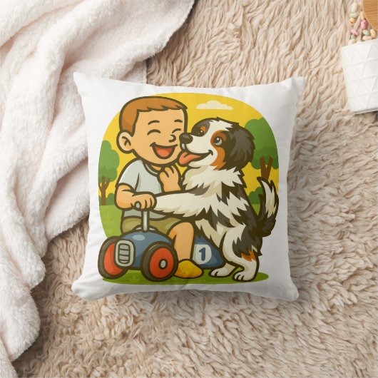 かわいい子犬と子供の遊び時間 クッション (ブランケット)