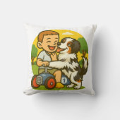 かわいい子犬と子供の遊び時間 クッション (正面)