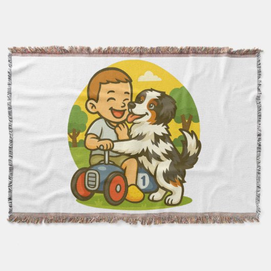 かわいい子犬と子供の遊び時間 スローブランケット (正面)