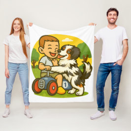 かわいい子犬と子供の遊び時間 フリースブランケット